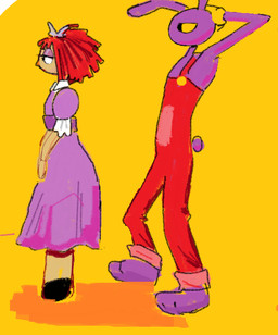 accessory alternative_fashion anthro black_eyes blue_clothing blue_dress bow_ribbon clothing doll dress duo eyelashes female fur hair hair_accessory hair_bow hair_ribbon j-fashion lolita_(fashion) long_ears male purple_body purple_ears purple_fur purple_tail rag_doll_(toy) red_hair red_nose ribbons scut_tail short_hair short_tail simple_background sweet_lolita tail tan_body yellow_background yellow_sclera light-koe-pinsky glitch_productions the_amazing_digital_circus jax_(tadc) ragatha_(tadc) animate_inanimate lagomorph leporid living_doll living_toy mammal rabbit hi_res