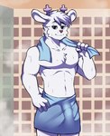 anthro antlers bulge clothed clothing fur horn looking_at_viewer male muscular shower shower_room simple_background smile solo steam topless topless_male towel towel_around_neck towel_around_waist towel_only white_body white_fur zairuz moredeer deer mammal hi_res