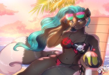 alcohol anthro beach beverage breasts cocktail female lips sea seaside solo sun thick_bottom_lip water ignitus_(artist) lydia_(tombrousseaux) mammal mephitid skunk digital_media_(artwork) hi_res ibispaint_(artwork)