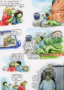 3_toes 4_fingers adolescent annoyed backpack bent_arm big_hands blonde_hair blue_clothing blue_shirt blue_sky blue_t-shirt blue_topwear blue_vehicle bottomless brick brick_wall brown_hair building chair claws clothed clothing coat day dialogue door driving earless eyes_closed face_on_hair feet female fence fingers floor forest furniture gesture glass_window grass green_body group hair hand_gesture hand_in_face hand_on_shoulder house inside inside_vehicle kissing kissing_head lawn long_hair looking_aside looking_at_another male medical_chair medical_instrument medium_truck open_mouth optometry orange_claws orange_eyes path pathway plant plantigrade pouting quadruped raised_hand red_clothing red_coat red_topwear road scientific_instrument sharp_teeth shirt short_hair short_tail shrub sidewalk simple_background sitting sky smile snout speech_bubble sprawling_gait standing straight_hair t-shirt tail tapering_tail teal_clothing teal_shirt teal_t-shirt teal_topwear teeth text thick_tail toes topwear tree truck van vehicle wall_(structure) waving wearing_backpack white_background window yawn young cervelet alice_(growing_troubles) kazuli_(growing_troubles) liz_(growing_troubles) simon_(growing_troubles) lizard lizard_taur long_taur reptile reptile_taur scalie scalie_taur taur 2023 comic english_text multiple_scenes painting_(artwork) shaded signature traditional_media_(artwork) traditional_painting_(artwork) traditional_watercolor_(artwork) watercolor_(artwork) daughter_(lore) mother_(lore) mother_and_child_(lore) mother_and_daughter_(lore) parent_(lore) parent_and_child_(lore) parent_and_daughter_(lore)