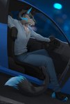 5_fingers anthro biped black_hair blue_eyes blue_pawpads car clothed clothing curved_horn detailed_background fingers hair horn inside_car inside_vehicle male night outside pawpads paws sitting solo tail vehicle lynncore jager_(qckslvrslash) hybrid 2019