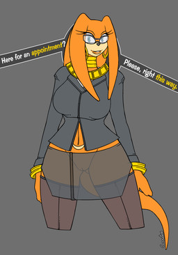 anthro bangle big_breasts blazer blue_eyes bottomwear bracelet breasts clothed clothing dreadlocks ear_piercing ear_ring eyelashes eyewear female fur genitals glasses hair jewelry legwear lips lipstick long_hair long_tail makeup navel neck_ring necklace no_underwear office orange_body orange_fur piercing pose ring_piercing secretary skirt smile solo stockings suit tail tattoo text thick_bottom_lip topwear vulva wide_hips canastus sega sonic_adventure sonic_the_hedgehog_(series) tikal_the_echidna echidna mammal monotreme english_text flat_colors pinup