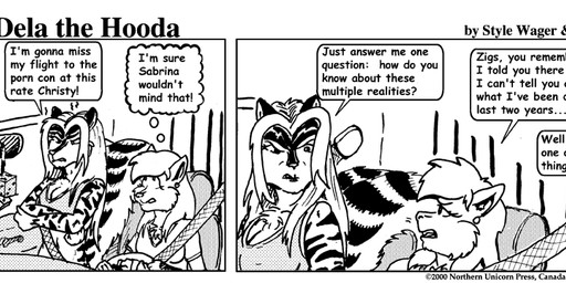 anthro breasts car cleavage clothed clothed_female clothing dialogue duo female fluffy fluffy_tail fur hair tail text vehicle style_wager dela_the_hooda christy_chipmunk zig_zag chipmunk felid ground_squirrel hybrid mammal mephitid pantherine rodent sciurid skunk tiger 2000 comic english_text greyscale monochrome