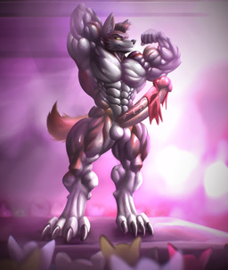 abs anthro big_penis blush claws clenched_teeth clothed clothing digitigrade erection erection_under_clothing flexing flexing_bicep genitals inner_ear_fluff long_penis looking_at_viewer male multicolored_body muscular muscular_anthro muscular_male nipples penis pose solo stage teeth torn_clothing tuft two_tone_body vein veiny_penis rizzyofen demowolf canid canine canis mammal wolf absurd_res hi_res