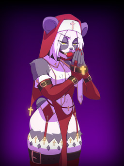 accessory armwear ball_gag bdsm bondage bound breasts clothing cross cuff_(restraint) elbow_gloves female gag garter garter_belt garter_belt_leggings garter_straps gloves handcuffs handwear heart_eyes heart_symbol legwear lingerie metal_cuffs neckwear nun nun_outfit praying religious_symbol restraints solo thigh_highs topwear pandannsfw pumbisnsfw pandan_(pandannsfw) bear giant_panda humanoid mammal absurd_res digital_media_(artwork) hi_res