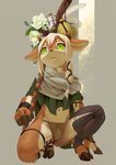 anthro berry bindle blonde_hair bone bottomwear brown_nose bulge clothed clothing cloven_hooves crouching feathers fingers flower food front_view fruit fur gourd green_eyes hair hooved_fingers hooves horn kemono kneeling leg_strap legwear loincloth male navel on_one_knee plant ponytail shawl simple_background skimpy solo stockings kuroisumi cervine deer mammal hi_res