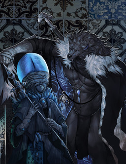 anthro black_body black_fur bottomwear cape clothing duo fur loincloth magic_user male male/male melee_weapon scepter sword weapon eruprior elden_ring fromsoftware blaidd_(elden_ring) tarnished_(elden_ring) canid canine canis human mammal wolf absurd_res hi_res
