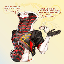 black_teeth claws clothed clothing cross cross_necklace eyes_closed glowing glowing_eyes glowing_markings happy holidays jacket jewelry male markings muscular necklace number_on_clothing open_mouth open_smile red_eyes sharp_teeth smile solo speech_bubble speech_marker tail tail_motion tailwag teeth text topwear waving_hand xinyo new_year original_character_do_not_steal xinyo_(xinyo) alien cobra reptile scalie snake 1:1 absurd_res digital_media_(artwork) hi_res signature