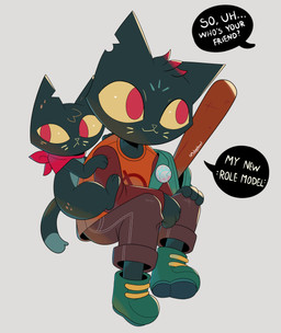 anthro backpack badge bag baseball_bat bat_(object) blue_body blue_fur boots bottomwear clothed clothed_anthro clothed_female clothing dialogue duo female female_anthro feral fluffy fluffy_tail footwear fur fur_markings hair holding_object kerchief kerchief_only leg_grab markings mostly_nude notched_ear pants pupils red_eyes shirt shoes simple_background sitting sitting_on_another slit_pupils smile tail text topwear tuft whisker_markings whiskers white_background yellow_sclera mistakeharvest night_in_the_woods revenant_hill mae_borowski twigs_(revenant_hill) domestic_cat felid feline felis mammal 2023 absurd_res colored digital_drawing_(artwork) digital_media_(artwork) english_text full-length_portrait hi_res portrait shaded
