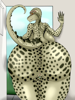 5_fingers anthro back_boob big_breasts big_butt black_claws breasts butt claws cloud day door female fingers genitals grass green_body huge_breasts huge_butt inside orange_eyes pink_vulva plant solo spots standing tail vulva pi9o microsoft the_elder_scrolls argonian scalie 3:4 hi_res shaded