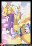 3_fingers anthro azaleesh bandai_namco black_sclera blue_eyes breasts butt butt_focus camel_toe canid canine chest_tuft clothing digimon digimon_(species) english_text female fingers fur hi_res holding_butt looking_at_viewer looking_back mammal presenting raised_tail rear_view renamon side_boob smile solo spreading standing tail text tuft url yellow_body yellow_fur