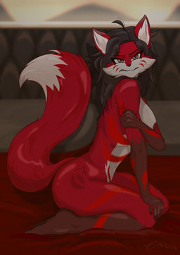 anthro bed_sheet bedding bedroom black_hair breasts embarrassed embarrassing_nudity exposed_breasts female fluffy fluffy_tail fur hair markings pouting red_body red_fur sitting solo tail warm_lighting white_body white_fur shuiroraijin canid canine fox mammal red_fox true_fox hi_res
