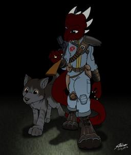 anthro armor boots claws clothing duo footwear gun horn male ranged_weapon shoes tail weapon catmonkshiro bethesda_game_studios fallout microsoft skyrim the_elder_scrolls dogmeat argonian canid canine canis mammal scalie wolf 2012