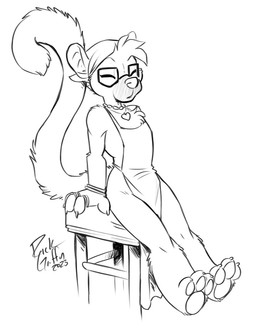 anthro apron apron_only bracelet claws clothing eyes_closed eyewear furniture glasses hat headgear headwear jewelry long_tail male paws ring solo stool tail rick_griffin domestic_ferret mammal mustelid musteline true_musteline weasel 2023 hi_res monochrome sketch