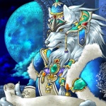 anthro bead chinese claws cloak clothed clothing cloud crown detailed_background emperor fully_clothed fur gem grey_nose hat headdress headgear headwear jewelry male moon night rock royalty scroll solo tapestry tassels white_body white_fur yellow_eyes aki_misuzu canid canine canis mammal wolf 1:1