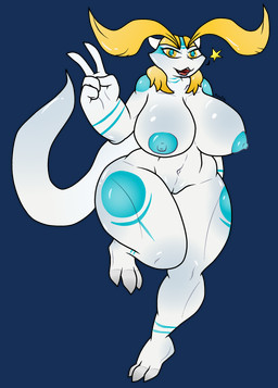 anthro big_breasts big_tail blonde_eyebrows blonde_hair blue_eyes breasts claws eyebrows female genitals hair horn huge_breasts huge_tail nude nude_female open_mouth raised_leg solo star tail teeth_showing thick_thighs toe_claws vulva wide_hips yellow_eyes turismoturbo mythology aijou dragon jou mythological_creature mythological_scalie scalie 2017 alpha_channel colored digital_drawing_(artwork) digital_media_(artwork) hi_res