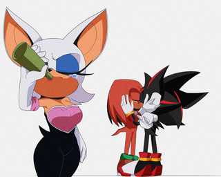 5_fingers anthro armwear bare_shoulders big_breasts big_ears black_hair blue_eyeshadow bodily_fluids bodysuit bottle breasts clothing container crying drinking elbow_gloves eyelashes eyes_closed eyeshadow female fingers footwear gloves group hair handwear holding_bottle holding_container holding_object kissing legs_together makeup male male/male orange_hair shoes short_hair simple_background skinsuit standing tears tight_clothing trio white_background white_hair god1annie sega sonic_the_hedgehog_(series) knuckles_the_echidna rouge_the_bat shadow_the_hedgehog bat echidna eulipotyphlan hedgehog mammal monotreme 2026