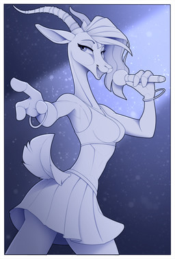 3_fingers abstract_background anthro bottomwear bracelet breasts clothed clothing electronics eyebrows eyelashes female fingers fur furgonomics gesture hair halter_top hand_gesture holding_microphone holding_object horn jewelry long_neck looking_at_viewer looking_back microphone open_mouth pointing rear_view skirt solo tail tail_through_skirt teeth tongue yakovlev-vad disney zootopia gazelle_(zootopia) antelope bovid gazelle mammal 2020 digital_media_(artwork) hi_res monochrome portrait sketch three-quarter_portrait