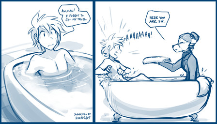 anthro bath bathing bathroom bathtub claw_foot_bathtub clothed clothing dialogue duo eyes_closed eyewear female fur glasses hair holding_object male nude scared screaming simple_background surprised teleportation text towel white_background conditional_dnp tom_fischbach twokinds roselyn_(twokinds) trace_legacy canid canine canis human keidran mammal wolf 2021 7:4 adobe_photoshop_(artwork) blue_and_white comic digital_media_(artwork) english_text hi_res monochrome sketch