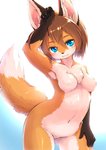 2020 5_fingers anthro black_nose blue_background blue_eyes blush breasts brown_body brown_ears brown_fur brown_hair canid canine chest_tuft claws digital_media_(artwork) dipstick_tail featureless_breasts featureless_crotch female female_anthro fingers fluffy fluffy_tail fox fur glistening glistening_hair gloves_(marking) hair hi_res humanoid_hands inner_ear_fluff kemono looking_at_viewer mammal markings multicolored_body multicolored_fur multicolored_tail navel nude orange_body orange_fur portrait shiitakemeshi short_hair simple_background smile solo tail tail_markings three-quarter_portrait tuft whiskers white_background white_body white_fur