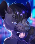 anthro blue_eyes bodily_fluids fluffy fur grey_body grey_fur grey_nose hair male presenting_tongue saliva saliva_on_hand saliva_string smile solo spots tongue tongue_out shyryp canid canine hyena mammal absurd_res digital_media_(artwork) hi_res portrait