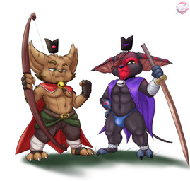 2_toes 3_toes 4_fingers anthro bell bell_collar black_crown blue_clothing blue_speedo blue_swimwear bow_(weapon) brown_body brown_fur bulge cape chest_tuft clothed clothing collar crown duo eye_patch eyewear feet fingerless_gloves fingers floating_crown fur gloves green_eyes handwear headgear katana looking_at_another looking_at_viewer male melee_weapon purple_cape purple_clothing ranged_weapon red_cape red_clothing speedo speedo_only swimwear sword toes topless tuft weapon yellow_sclera fennephilim_fox biomutant cult_of_the_lamb league_of_legends massive_monster_(studio) riot_games tencent mammal primal_(biomutant) yordle hi_res