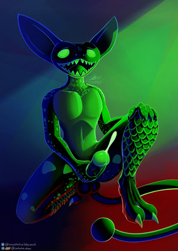 anthro balls balls_outline black_body bodily_fluids bulge claws crouching cum cumshot detailed_bulge ejaculation feet genital_fluids genital_outline genitals glowing glowing_body glowing_cum glowing_eyes glowing_genitalia glowing_penis green_body green_eyes humanoid_genitalia humanoid_penis kneeling kneeling_on_ground kneeling_position long_ears long_tail male masturbation on_one_knee penis pleased pleased_expression pose scales sharp_teeth slim slim_anthro slim_male tail teeth teeth_showing toe_claws toes unusual_bodily_fluids unusual_cum unusual_genital_fluids cachuchas scalie absurd_res hi_res pinup shaded