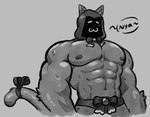 anthro big_muscles bow_ribbon male muscular muscular_male nipples shirtless smile solo speech_bubble text dynogreeno domestic_cat felid feline felis mammal hi_res monochrome