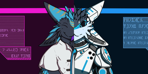 anthro armor black_body black_feathers black_sclera blep blue_body blue_eyes blue_feathers blue_markings clothing coat duo ear_markings eyes_closed facial_markings feather_markings feathers female forehead_markings grey_body grey_feathers head_markings looking_at_viewer male markings purple_tongue smile text tongue tongue_out topwear white_armor white_body white_clothing white_coat white_feathers white_topwear yellow_markings toddavali braid_(k'braid) eili_(k'braid) avali absurd_res bust_portrait hi_res portrait