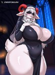 anthro big_breasts big_butt blindfold blush breasts butt candle female fluffy_body fur goat_ears goat_tail hair hand_on_chest horn huge_breasts monastery nun nun_outfit red_horn small_waist solo stained_glass stained_glass_window thick_thighs white_body white_fur white_hair avoid_posting cherifokkusu asmoriel_(cherifokkusu) bovid caprine caprine_demon demon goat goat_demon mammal absurd_res hi_res