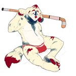 1:1 anthro bleu_cheese bleuliner buffalo_sauce buffalo_wing canid canine canis claws clothing colored digital_media_(artwork) dipstick_tail domestic_dog eyebrows fur fur_markings hi_res hockey_stick jockstrap male mammal markings molosser mountain_dog newfoundland_dog pawpads raised_eyebrows red_cheekdots red_claws red_eyebrows red_eyes red_hair_tips red_inner_ear red_nose red_pawpads red_tail_tip rumash simple_background smile solo tail tail_markings underwear white_background