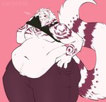 anthro belly belly_overhang big_belly big_tail bodily_fluids bottom_heavy clothed clothing clothing_lift crop_top cute_fangs deep_navel fangs fat_rolls fur fur_tuft huge_belly huge_thighs love_handles male midriff moobs musclegut muscular muscular_arms muscular_male navel obese obese_male overweight overweight_male red_eyes shirt shirt_lift side_butt simple_background solo sweat tail teeth thick_thighs topwear tuft white_body white_fur wide_hips wiping_sweat saintsucrose final_fantasy final_fantasy_xiv square_enix felid hrothgar mammal 2024 colored digital_drawing_(artwork) digital_media_(artwork) hi_res