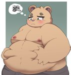 anthro belly big_belly blush bottomwear brown_body clothing kemono male moobs nipples overweight overweight_male pants simple_background solo kusosensei inigo_(kusosensei) bear mammal 2024 hi_res