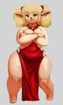 blonde_hair clothing crossed_arms dress female final_fantasy final_fantasy_xi grey_background hair hi_res humanoid mature_female not_furry shantotto short_stack simple_background solo square_enix tarutaru thick_thighs vondranart wide_hips