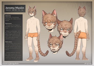 annoyed anthro barefoot biped bottomwear boxer_briefs boxer_briefs_only clothed clothing feet fur hair male orange_eyes plantigrade pouting smile tail text topless underwear underwear_only fiuefey jeremy_maslin domestic_cat felid feline felis mammal 2025 absurd_res digital_media_(artwork) english_text hi_res model_sheet