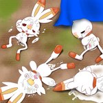 anthro bodily_fluids cum cum_everywhere cum_on_face foreskin genital_fluids genitals group half-closed_eyes lying male messy narrowed_eyes on_ground penis red_eyes tears white_body young young_anthro young_male blackgyakudora nintendo pokemon generation_8_pokemon pokemon_(species) scorbunny 1:1