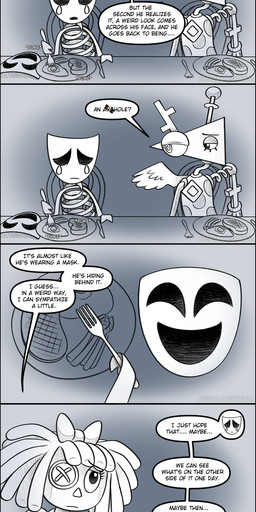 anthro clothed clothing dialogue door female following food furniture group jester male opening_door plate standing table text walking absolutedream glitch_productions the_amazing_digital_circus gangle_(tadc) jax_(tadc) pomni_(tadc) zooble_(tadc) human lagomorph leporid mammal rabbit absurd_res comic english_text hi_res long_image tall_image