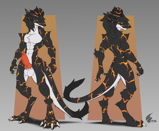 anthro athletic balls big_penis front_view genitals horn hyper hyper_genitalia knot knotted_penis lava male multiple_angles penis rear_view solo three-quarter_view neonyx sergal absurd_res hi_res model_sheet