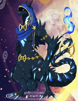 3_toes 4_fingers accessory animal_genitalia anthro arceus_symbol balls belly belt biceps big_balls big_sheath black_body black_scales blue_claws blue_clothing blue_eyes blue_fire bottomless bottomless_male claws cloak clothed clothing colored_fire digit_ring facial_scar fangs feet finger_claws fingers fire flaming_tail furgonomics gem genitals glowing glowing_claws glowing_eyes glowing_scar gold_(metal) jewelry long_tail looking_at_viewer looking_down looking_down_at_viewer male markings muscular muscular_anthro muscular_male pecs ring scales scar shadowed_face sheath snout snout_scar solo spikes spikes_(anatomy) spines tail tail_accessory tail_jewelry tail_ring teeth toe_claws toe_ring toes topwear topwear_only wide_hips shadowsoulful mythology nintendo pokemon fan_character charizard dragon generation_1_pokemon generation_8_pokemon gigantamax_charizard gigantamax_pokemon lizard mythological_creature mythological_scalie pokemon_(species) reptile scalie 2026 absurd_res hi_res