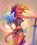 anthro clothed clothing female hair horn melee_weapon multicolored_hair solo sword weapon wings prisma6 hasbro my_little_pony equid equine mammal hi_res