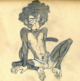 abs afro anthro athletic athletic_anthro athletic_male bodily_fluids boxer_briefs bulge clothing dripping erection feet foreskin front_view genital_fluids genitals humanoid_genitalia humanoid_penis male nipples partially_retracted_foreskin penis penis_poking_out pose precum prehensile_feet pubes reclining slim solo spread_legs spreading toes underwear vein veiny_penis tush_(artist) haplorhine mammal monkey primate graphite_(artwork) monochrome pinup traditional_media_(artwork)