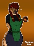 accessory anthro apron barista bottomwear clothed clothing eyewear female fur glasses hair hair_accessory open_mouth pants pigtails shirt simple_background smile solo tail teeth topwear saturnafox anaya_(saturnafox) hyena mammal spotted_hyena digital_media_(artwork)