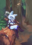 anthro axe belt blue_body boots bra chest_tuft clothing detailed_background eyes_closed eyewear footwear forest forest_background gesture glasses gloves handwear heart_(marking) markings nature nature_background outside plant shoes sitting smile solo tree tuft underwear waving waving_at_viewer bestfriendforever besty_(character) lagomorph leporid mammal rabbit 2024 digital_drawing_(artwork) digital_media_(artwork) hi_res nonbinary_(lore)