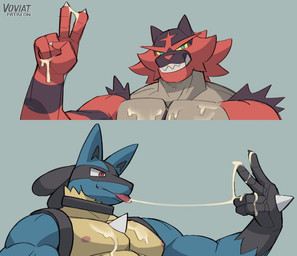 5_fingers anthro barazoku biped blue_body blue_fur bodily_fluids cum cum_on_chest cum_on_hand cum_on_tongue duo fingers fur genital_fluids gesture green_eyes grey_body grey_fur hand_gesture male muscular muscular_anthro muscular_male nude_anthro nude_male red_body red_eyes red_fur smile smiling_at_viewer tongue tongue_out v_sign yellow_body yellow_fur yellow_sclera voviat nintendo pokemon generation_4_pokemon generation_7_pokemon incineroar lucario pokemon_(species) 2025 unfinished