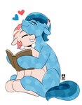 blue_body blue_fur blue_hair blue_tail book cuddling eyes_closed eyewear feral fur glasses hair heart_symbol hug male male/male simple_background sitting smile tail white_background redxbacon friendship_is_magic hasbro my_little_pony coral_reef_(oc) historia crystal_pony_(mlp) earth_pony equid equine horse mammal pony