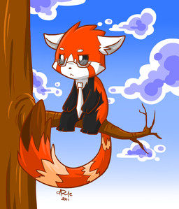 accessory ambiguous_gender anthro black_body black_fur blue_sky branch cloud day detailed_background ears_down eyewear frown fur glasses grumpy mostly_nude necktie on_branch orange_body orange_fur outside paws pivoted_ears sitting sitting_on_branch sky solo tail wearing_glasses white_body white_fur white_necktie yassui ailurid mammal red_panda 2011 cel_shading digital_drawing_(artwork) digital_media_(artwork) shaded