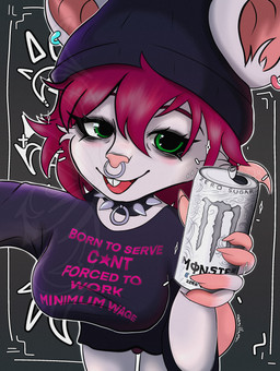 anthro beanie bedroom_eyes beverage bottomless choker clothed clothing collar ear_piercing energy_drink facial_piercing female hair hat headgear headwear jewelry long_hair messy_hair nails narrowed_eyes necklace nose_piercing nose_ring piercing ring_piercing seductive shirt smile smudged_makeup solo spiked_collar spikes t-shirt tail tattoo topwear tribal tribal_tattoo vannillama monster_energy vanessa_(vannillama) mammal murid murine rat rodent absurd_res hi_res trans_(lore) trans_woman_(lore)
