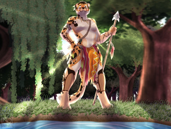 anthro bottomwear bulge clothed clothing detailed_bulge forest genital_outline light loincloth looking_at_viewer male melee_weapon penis_outline plant polearm skimpy smile smiling_at_viewer smirk smirking_at_viewer solo spear sunlight topless topless_male tree tribal tribal_clothing weapon anais_shmirnova milo_(hexonac) cheetah felid feline king_cheetah mammal 4:3 hi_res