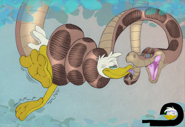 anthro beak coiling coiling_another duck_bill duo feathers feral gameplay_mechanics gui half-closed_eyes health_bar hypnosis male male/male mind_control narrowed_eyes open_mouth ringed_eyes scales serpentine simple_background size_difference struggling struggling_prey tail tongue white_body tacokurt disney the_jungle_book donald_duck kaa_(jungle_book) anatid anseriform avian bird domestic_duck duck reptile scalie snake digital_media_(artwork) hi_res