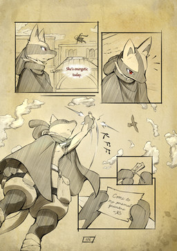 ambiguous_gender anthro biped chest_spike cloak clothing cloud day dialogue duo eyelashes fingers fur hand_spike letter male outside page_number red_eyes red_tattoo sky spikes spikes_(anatomy) tail tattoo text truescorn nintendo pokemon pokemon_mystery_dungeon spike_chunsoft asche_(truescorn) orchid_(truescorn) generation_4_pokemon lucario pokemon_(species) weavile 2026 comic english_text hi_res female_(lore)